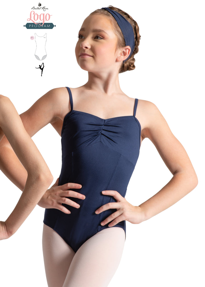 Ballet Rosa Studio Logo Program navy camisole leotard with ruched bust and princess seams 