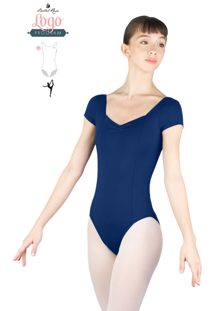 Ballet Rosa Studio Logo Program navy cap sleeve leotard with pinch neckline and princess seams 