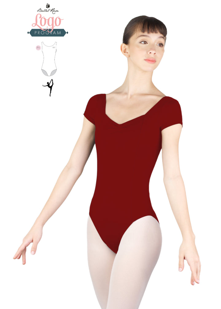 Ballet Rosa Studio Logo Program red cap sleeve leotard with pinch neckline and princess seams 