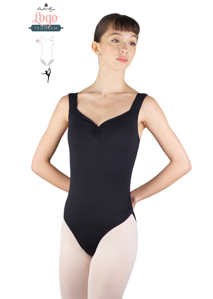 Ballet Rosa Studio Logo Program black tank leotard with pinch neckline