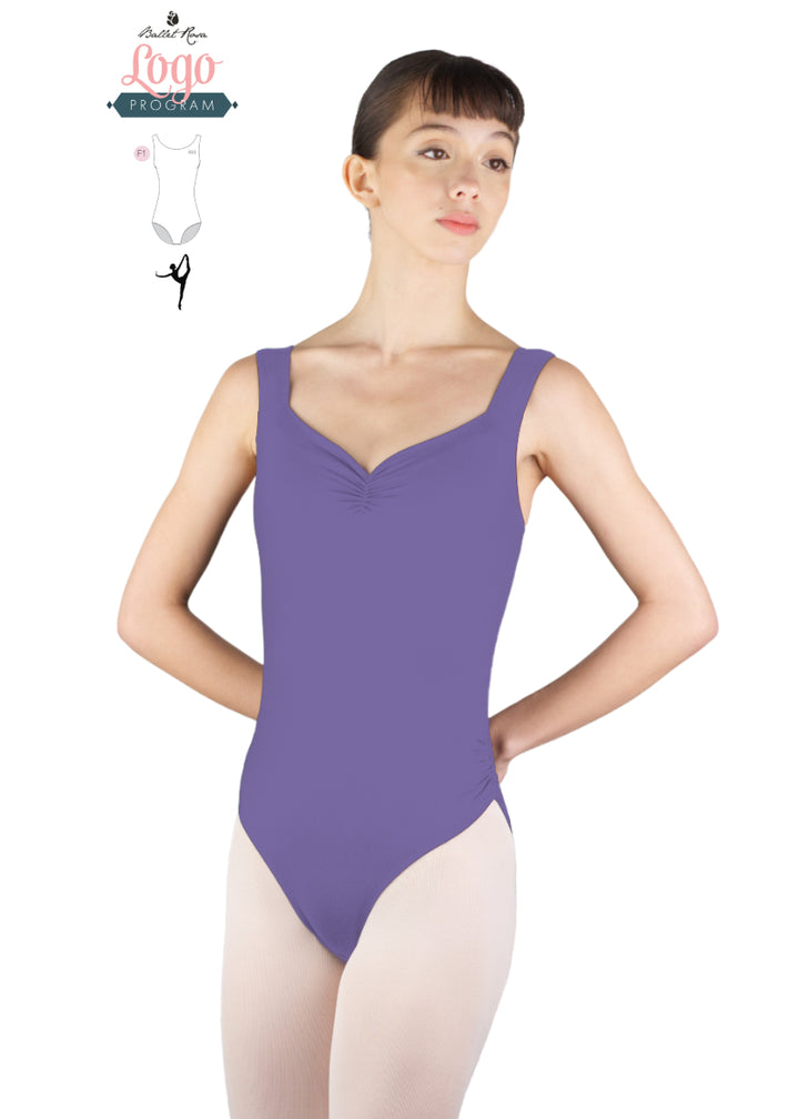 Ballet Rosa Studio Logo Program lavender tank leotard with pinch neckline