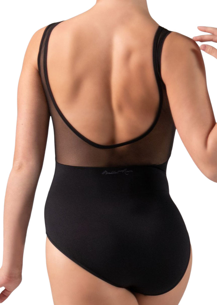 Ballet Rosa Createur Louvre Collection 1271MFA Women's Fantine Embroidered Mesh Tank Leotard in Noir Black with Wild Rose Pink embroidered mesh bust overlay and low cut mesh scoop back, shown on a ballet dancer