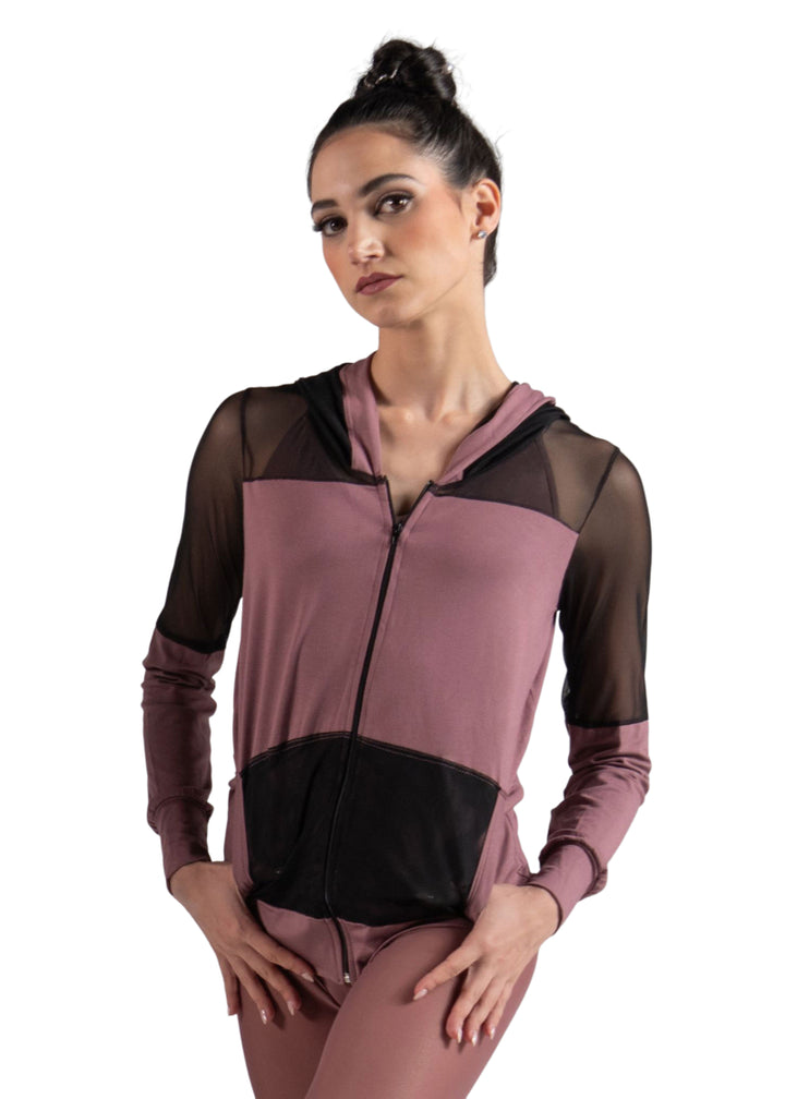Ballet Rosa Createur Bamboo Collection 320VIA Women's Midori Stretch Bamboo Full Zip Front Hoodie with Mesh Panels and Pockets in Wild Rose Dusty Pink and Noir Black, shown on a ballet dancer