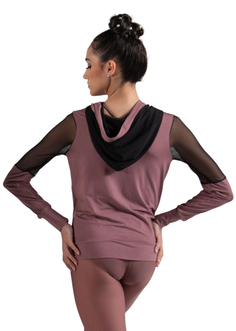 Ballet Rosa Createur Bamboo Collection 320VIA Women's Midori Stretch Bamboo Full Zip Front Hoodie with Mesh Panels and Pockets in Wild Rose Dusty Pink and Noir Black, shown on a ballet dancer