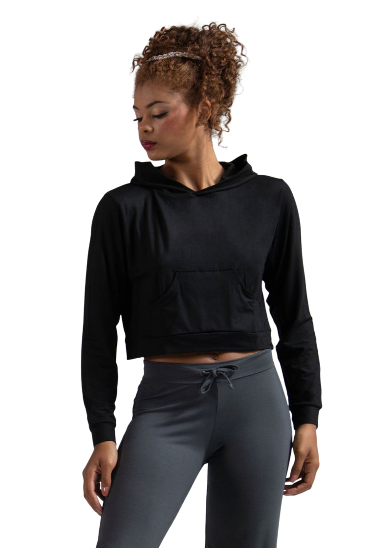 Ballet Rosa Createur Bamboo Collection 115VIA Women's Stretch Bamboo Crop Top Hoodie with Kangaroo Pouch Pocket in Noir Black, shown on a ballet dancer