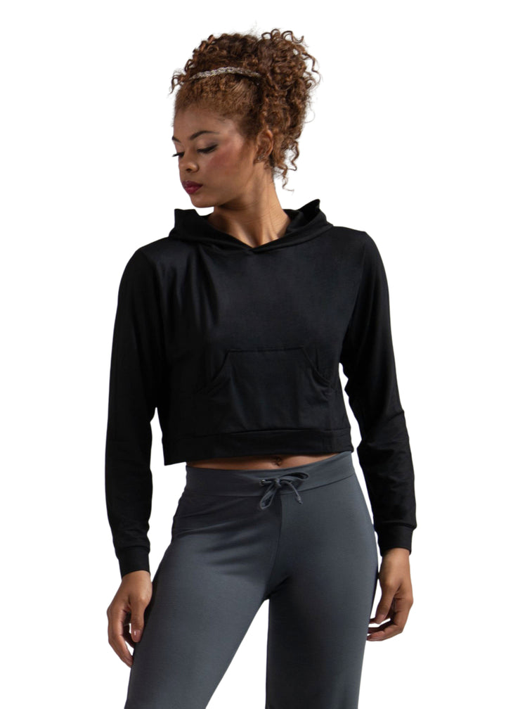 Ballet Rosa Createur Bamboo Collection 115VIA Women's Stretch Bamboo Crop Top Hoodie with Kangaroo Pouch Pocket in Noir Black, shown on a ballet dancer
