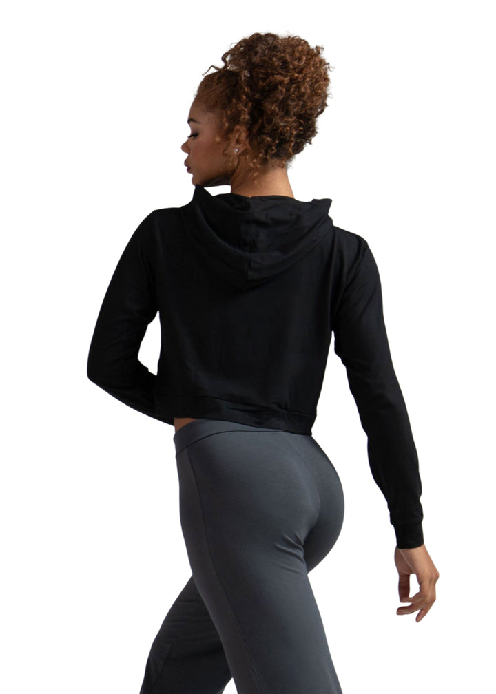 Ballet Rosa Createur Bamboo Collection 115VIA Women's Stretch Bamboo Crop Top Hoodie with Kangaroo Pouch Pocket in Noir Black, shown on a ballet dancer