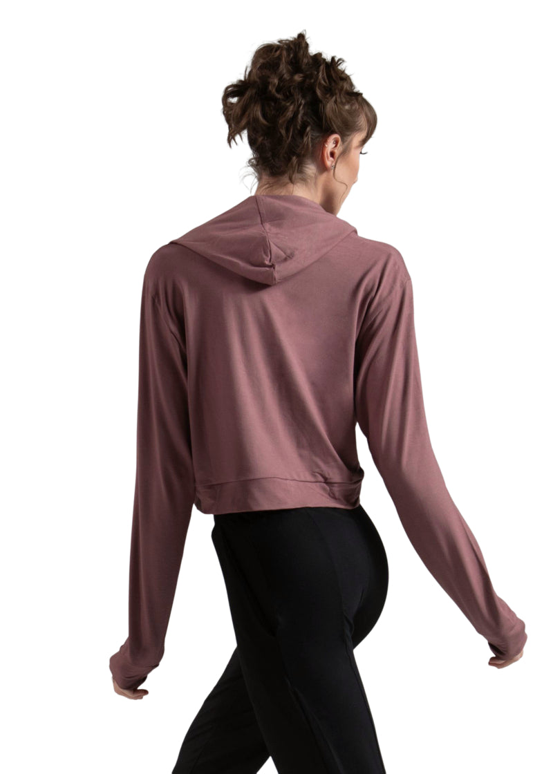Ballet Rosa Createur Bamboo Collection 115VIA Women's Ren Stretch Bamboo Crop Top Hoodie with Kangaroo Pouch Pocket in Wild Rose Dusty Pink, shown on a ballet dancer