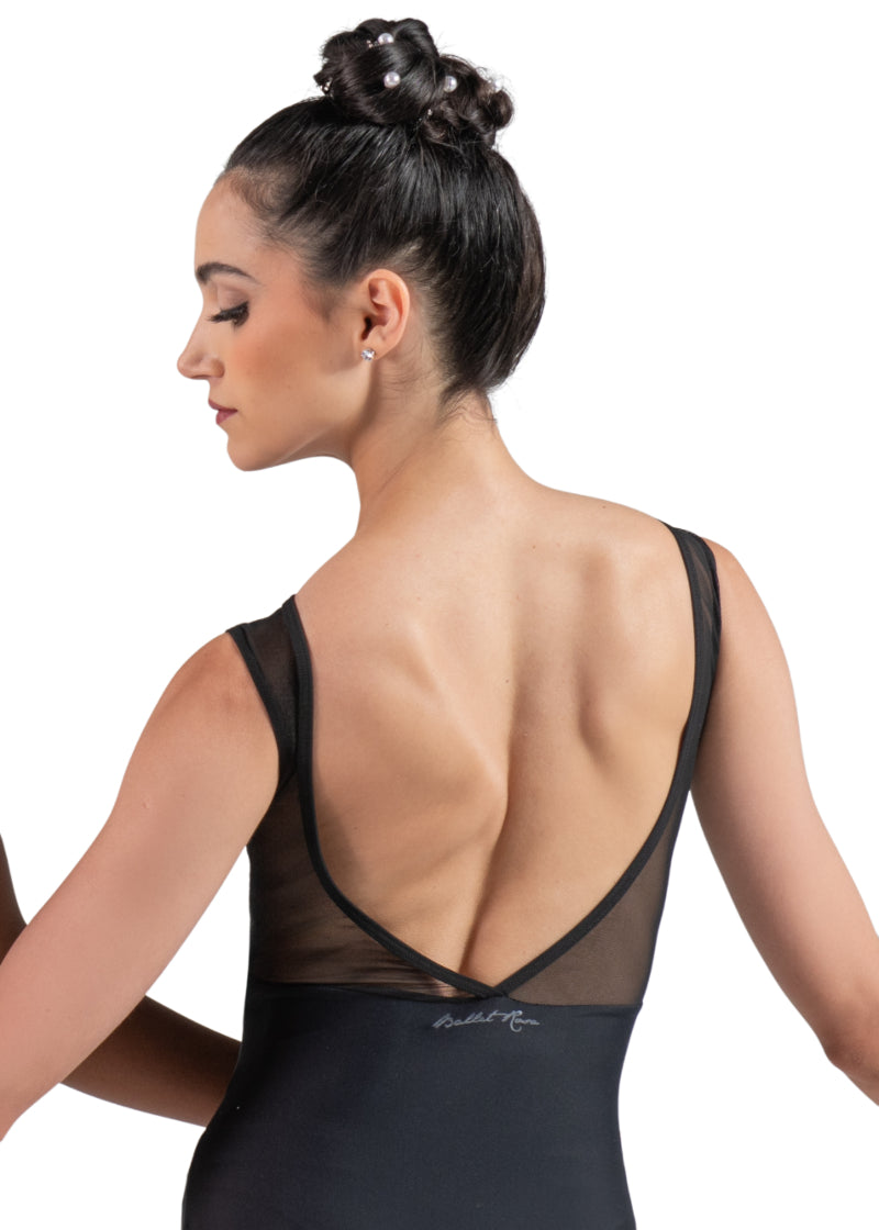 Ballet Rosa 1241LMA Women's Caprice Sweetheart Neckline Mesh Tank Leotard in Noir black with lace bust overlay and mesh V-back, modeled by a ballet dancer