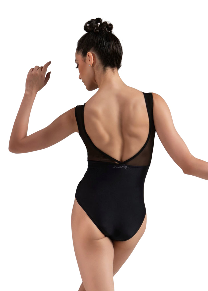 Ballet Rosa 1241LMA Women's Caprice Sweetheart Neckline Mesh Tank Leotard in Noir black with lace bust overlay and mesh V-back, modeled by a ballet dancer