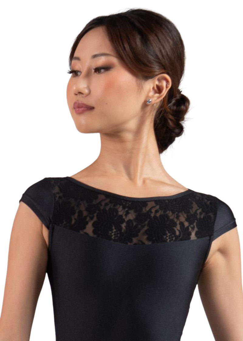 Ballet Rosa 1321LBA Women's Verane Cap Sleeve Leotard in Pearl peachy pink with lace boatneck, modeled by a ballet dancer