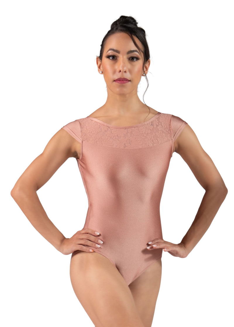Ballet Rosa 1321LBA Women's Verane Cap Sleeve Leotard in Pearl peachy pink with lace boatneck, modeled by a ballet dancer