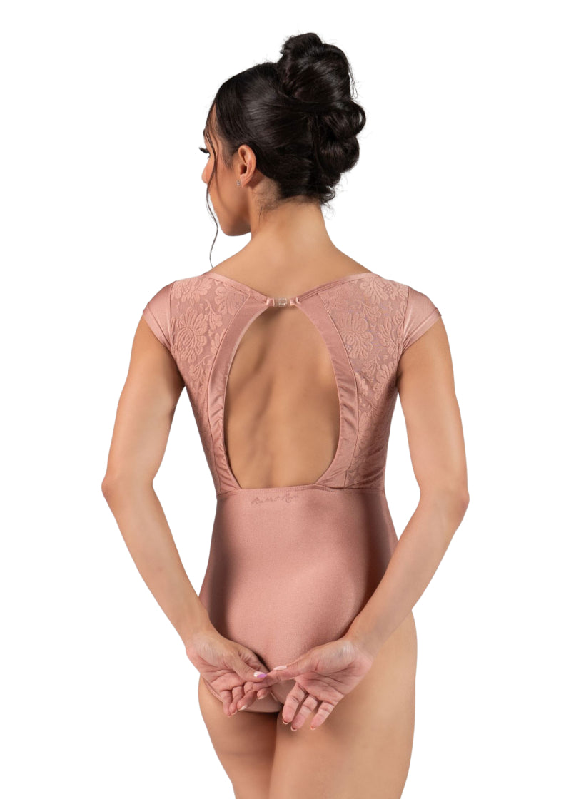 Ballet Rosa 1321LBA Women's Verane Cap Sleeve Leotard in Pearl peachy pink with lace keyhole back, modeled by a ballet dancer