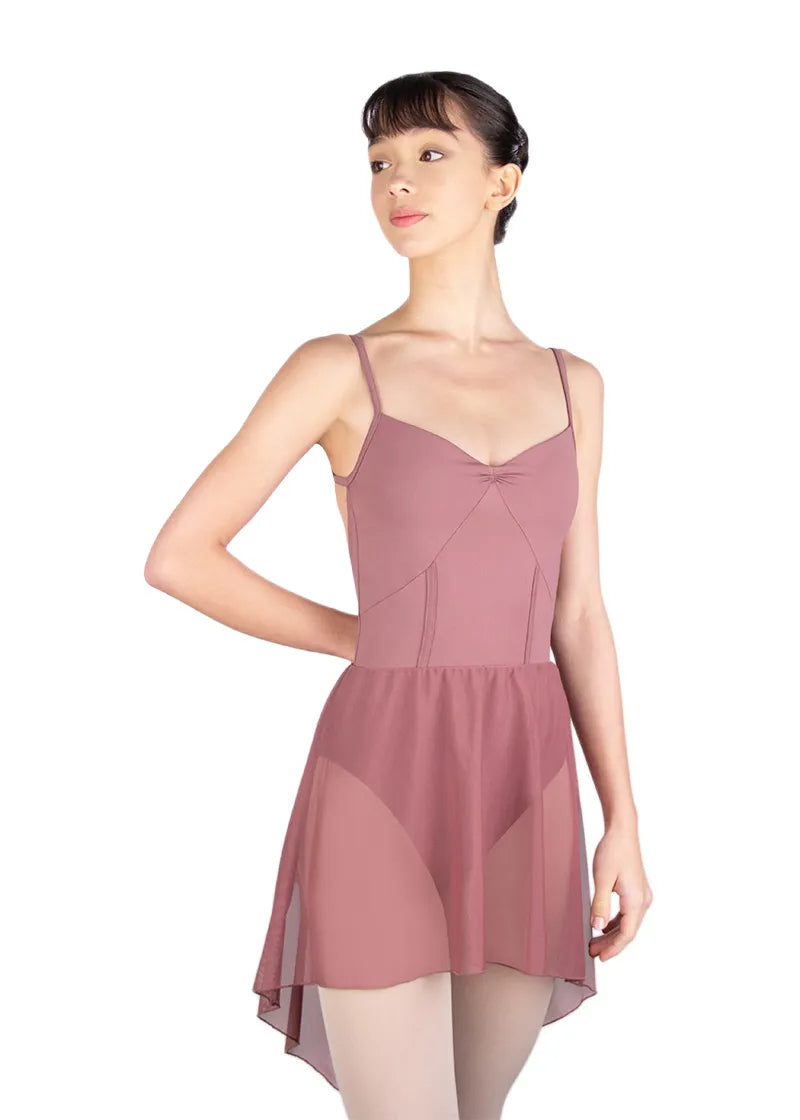 Ballet Rosa Createur Catalogue Women's Ninette Stretch Mesh Pull-On Skirt in Wild Rose Pink with dramatic high-low designs and stretch waistband, shown on a ballet dancer wearing the matching Audrey Leotard