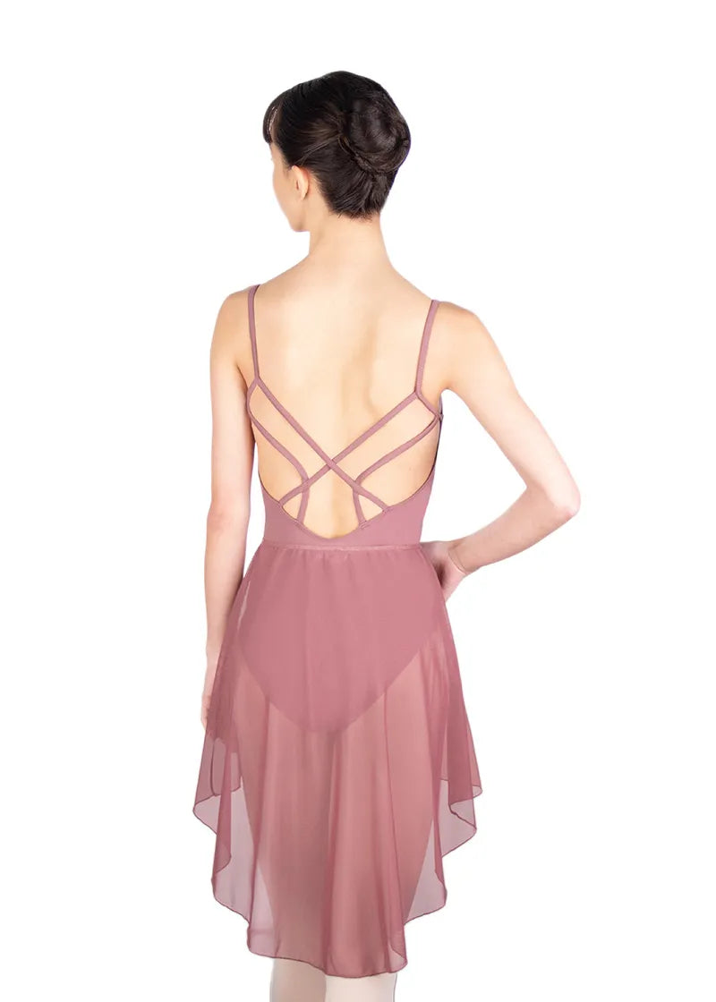 Ballet Rosa Createur Catalogue Women's Ninette Stretch Mesh Pull-On Skirt in Wild Rose Pink with dramatic high-low designs and stretch waistband, shown on a ballet dancer wearing the matching Audrey Leotard