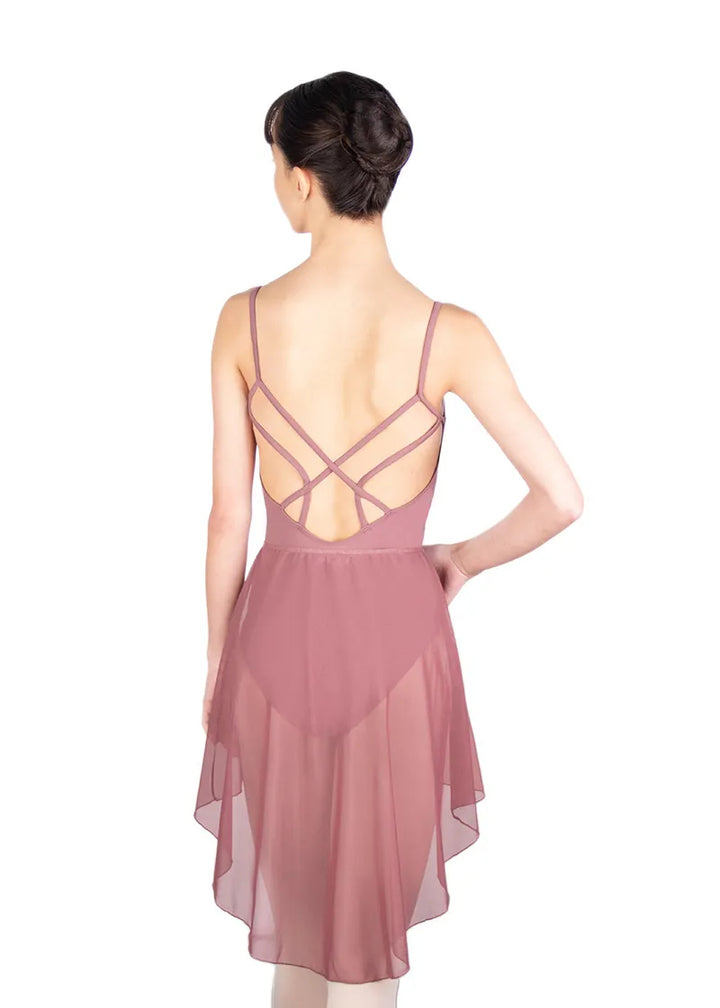 Ballet Rosa Createur Catalogue Women's Ninette Stretch Mesh Pull-On Skirt in Wild Rose Pink with dramatic high-low designs and stretch waistband, shown on a ballet dancer wearing the matching Audrey Leotard