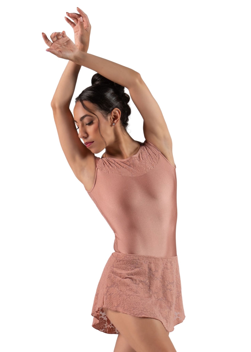 Ballet Rosa 464DEA Women's Jolie Lace Ballet Pull-On Skirt in Pearl peachy pink, modeled by a ballet dancer wearing the matching Verane Leotard