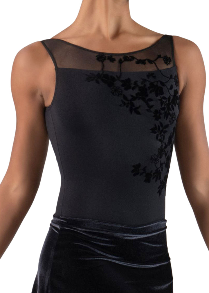 Ballet Rosa Createur Versailles Collection 1061MFA Women's Adele Floral Velour Print Scoop Neck Tank Leotard in Noir Black with low cut pinch back, shown on a ballet dancer