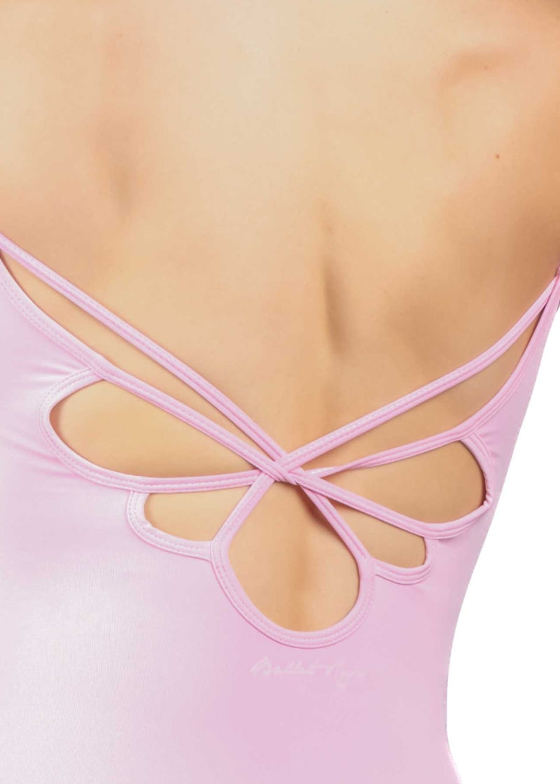 Close up of the strappy back of the Ballet Rosa Serenade of Spring Aura Camisole Leotard in Rose Pink