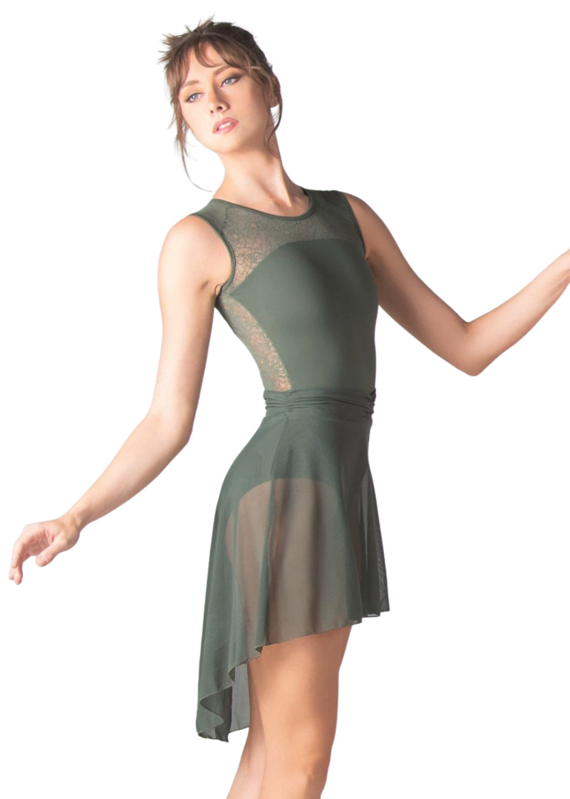 Millie Ruched Waist High-Low Mesh Pull-On Skirt (Olive)