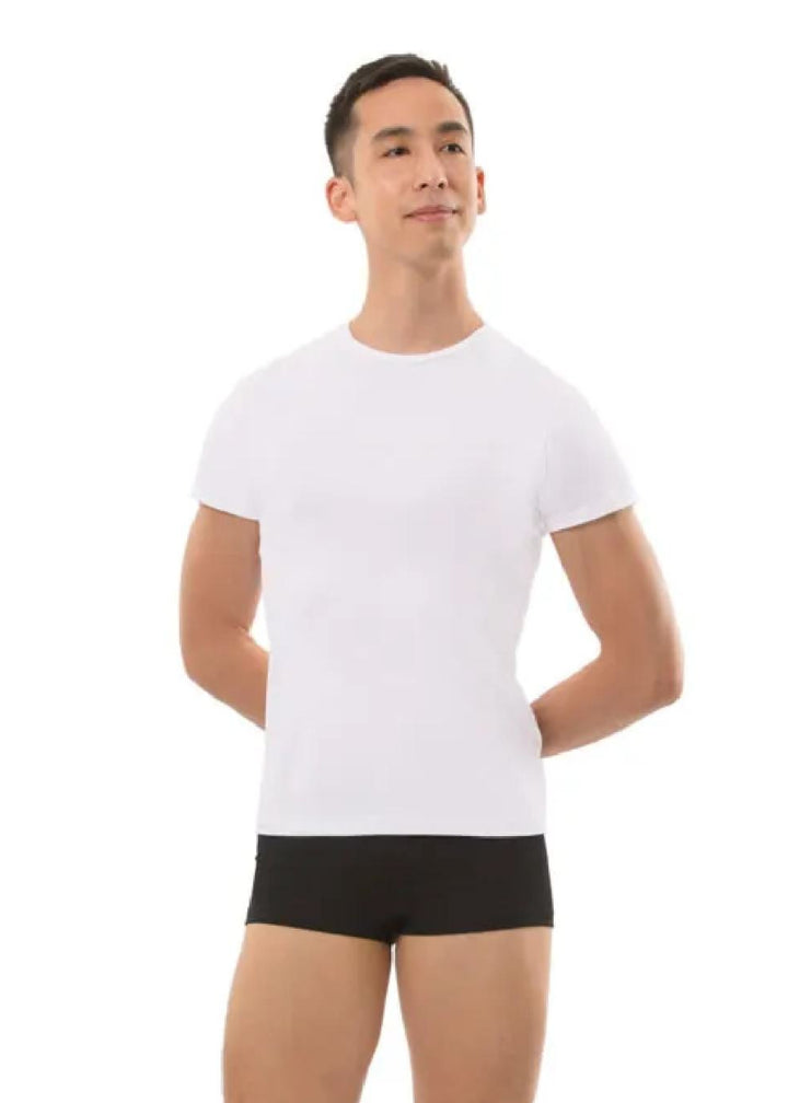 Ballet Rosa Men's Paule Microfiber or Stretch Cotton Crewneck T-Shirt in Blanc White with short sleeves, shown on a male model wearing black shorts