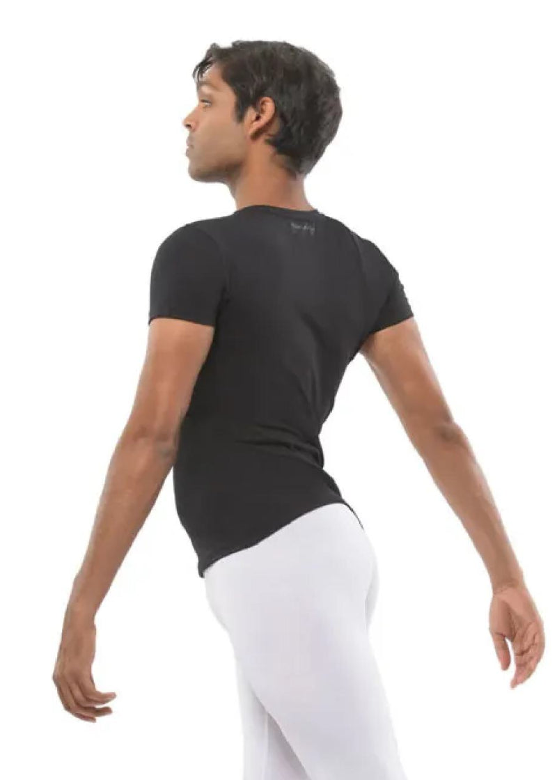 Ballet Rosa Men's Paule Microfiber Crewneck T-Shirt in Noir Black with short sleeves, shown on a male model wearing white tights