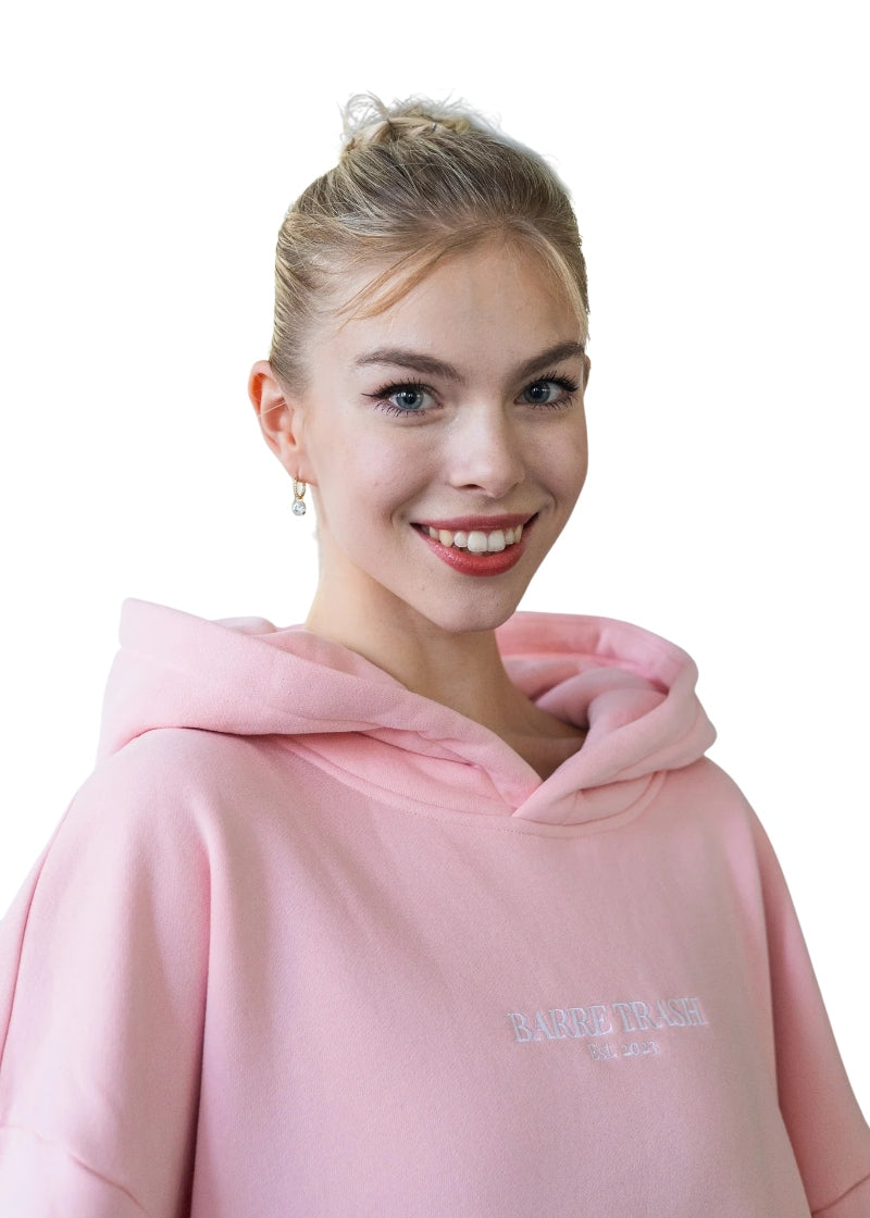 Barre Trash Oversized Hoodie in pink with Barre Trash logo in white