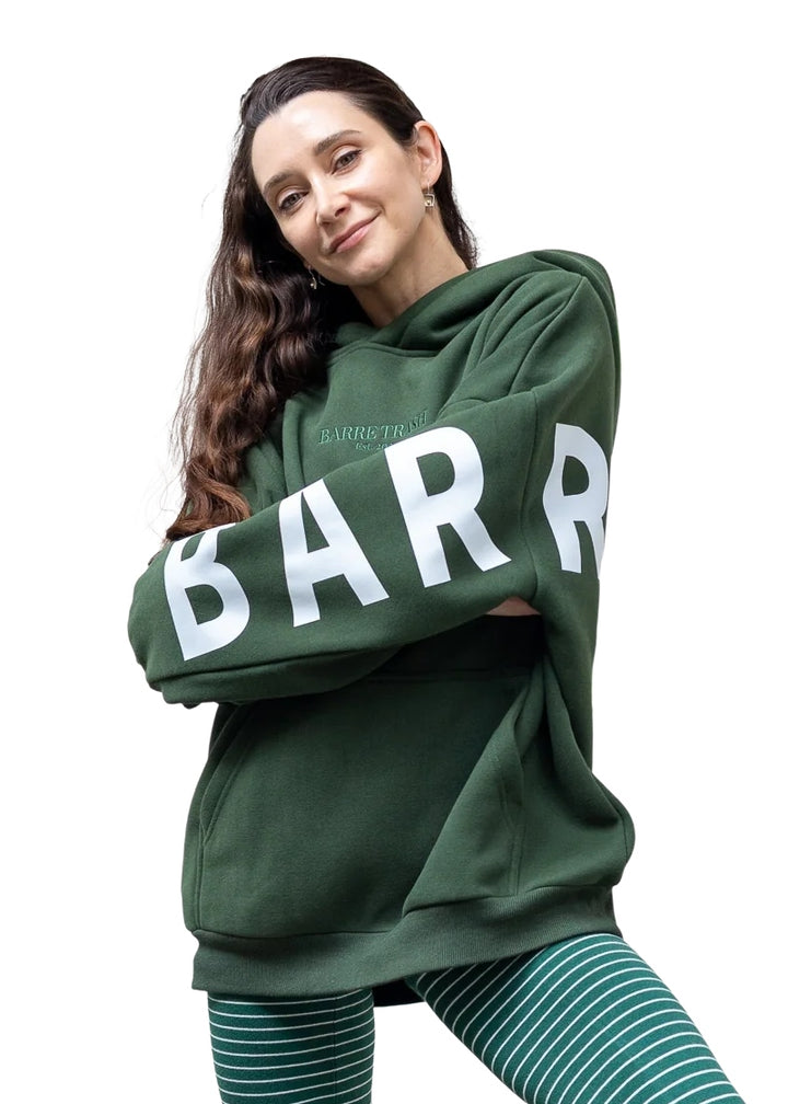 Barre Trash Oversized Hoodie in green with Barre Trash logo in green embroidery on the front and white screen printing on the back