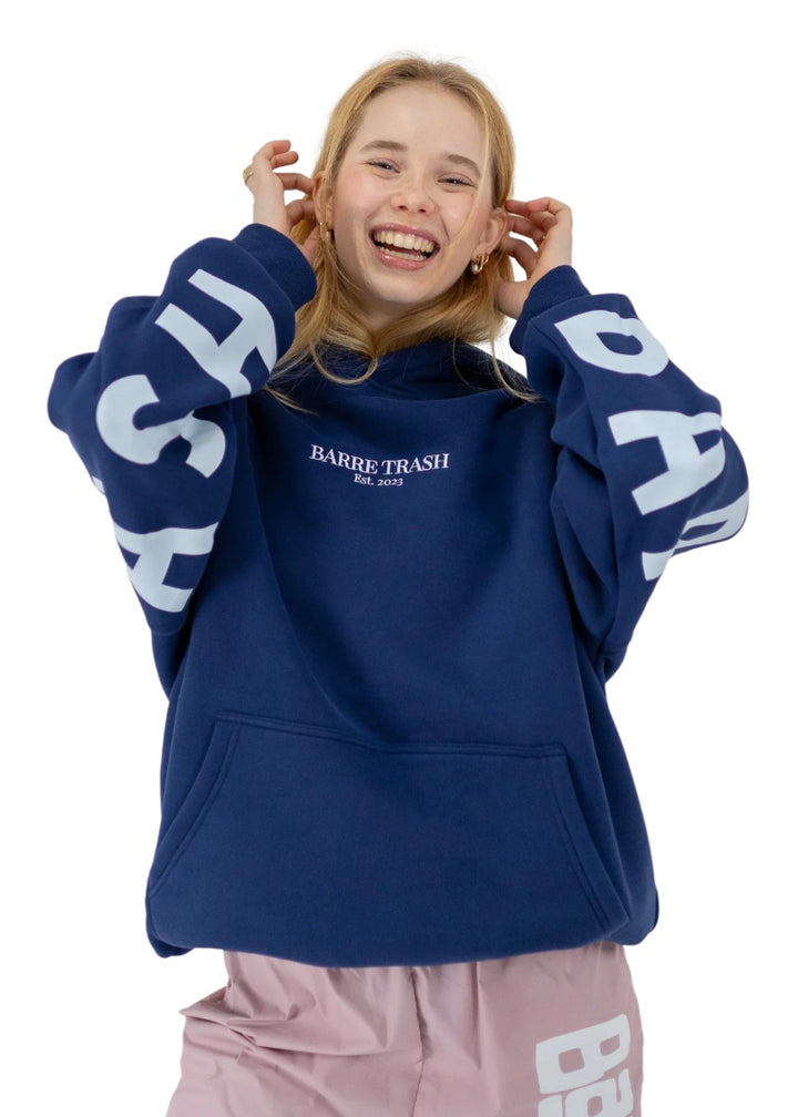 Barre Trash Oversized Hoodie in blue with Barre Trash logo in white