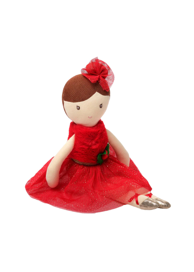 Bearington Collection 174050 Evie Holiday Ballerina stuffed 16.5" doll wearing red tulle dress and hair piece, with brown hair.
