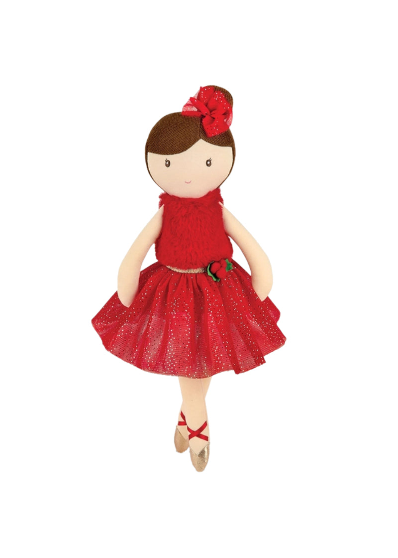 Bearington Collection 174050 Evie Holiday Ballerina stuffed 16.5" doll wearing red tulle dress and hair piece, with brown hair.