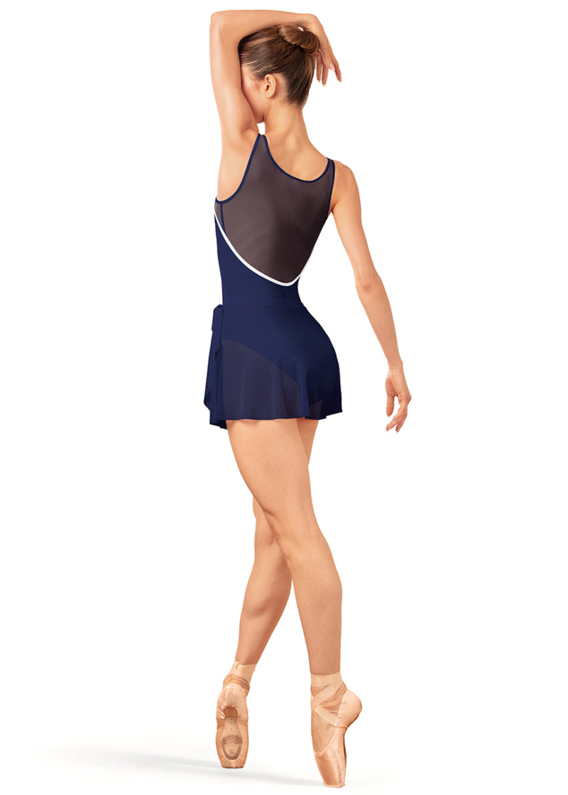 Bloch AB5260 Women's Aras Fixed Wrap Pull-On Ballet Skirt in Navy Blue with pull-on design and side ties, shown on a pointe dancer