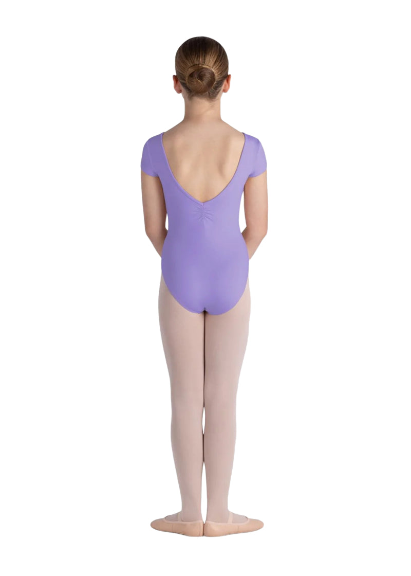 Bloch girls' Piper cap sleeve leotard in light purple with pinch scoop back.