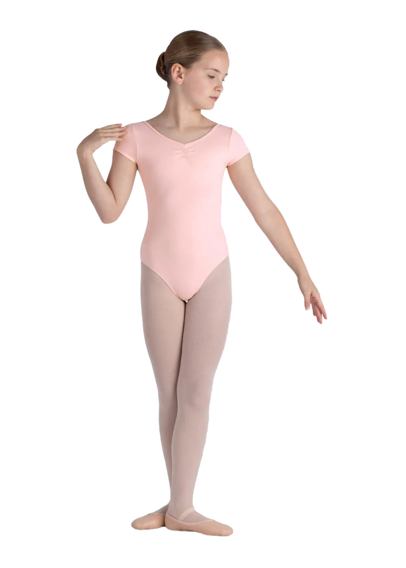 Bloch girls' Piper cap sleeve leotard in light pink with pinch front neckline.