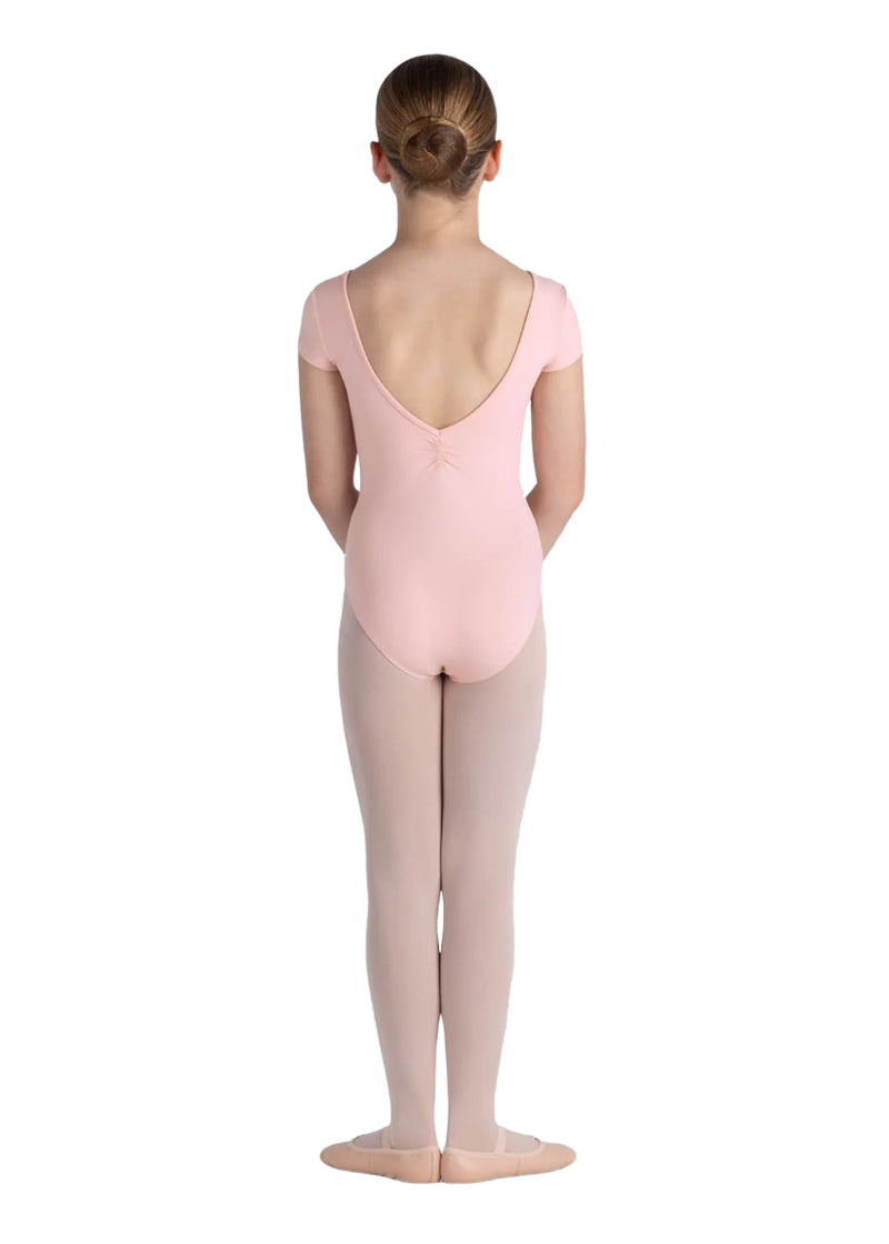 Bloch girls' Piper cap sleeve leotard in light pink with pinch scoop back.