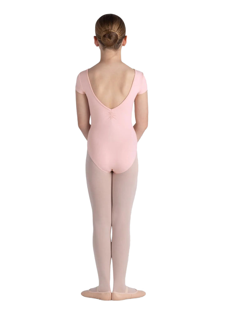 Bloch girls' Piper cap sleeve leotard in light pink with pinch scoop back.