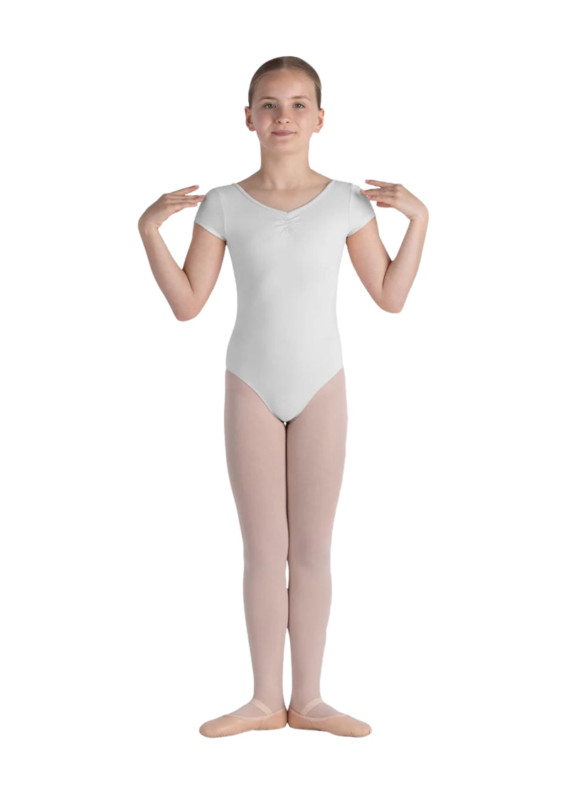 Bloch girls' Piper cap sleeve leotard in white with pinch front neckline.