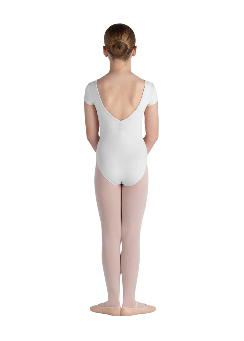 Bloch girls' Piper cap sleeve leotard in white with pinch scoop back.
