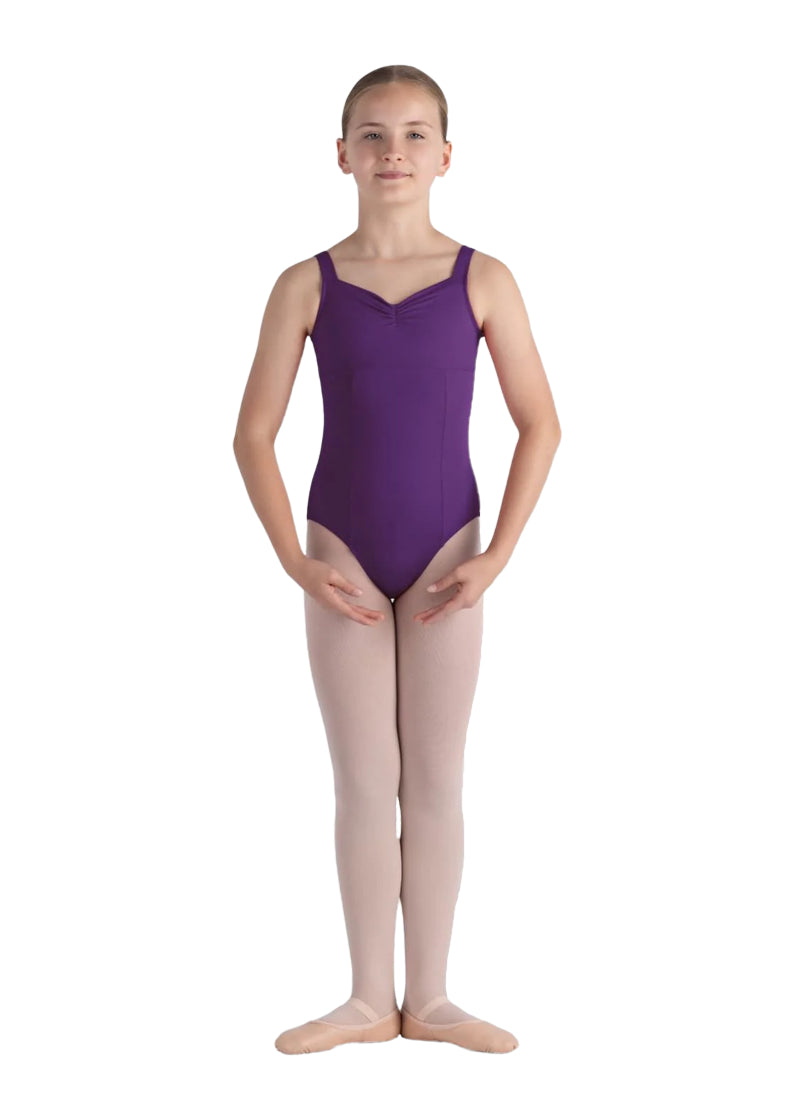 Bloch girls' Alice tank leotard in purple with pinch front neckline and princess seams.