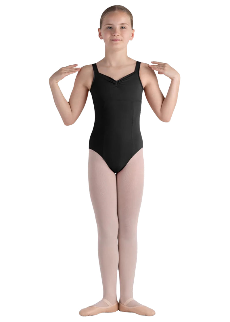 Bloch girls' Alice tank leotard in black with pinch front neckline and princess seams.