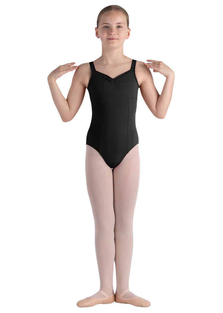 Bloch girls' Alice tank leotard in black with pinch front neckline and princess seams.