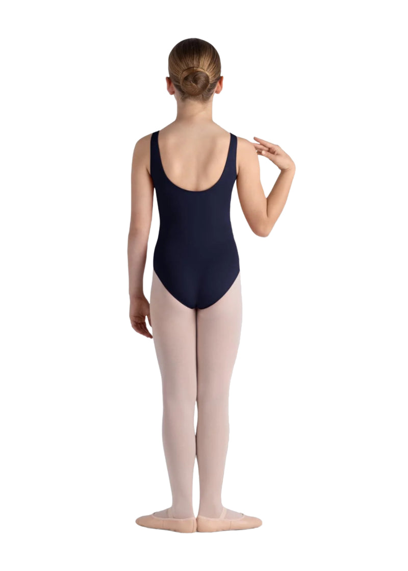 Bloch girls' Alice tank leotard in navy blue with mid scoop back.