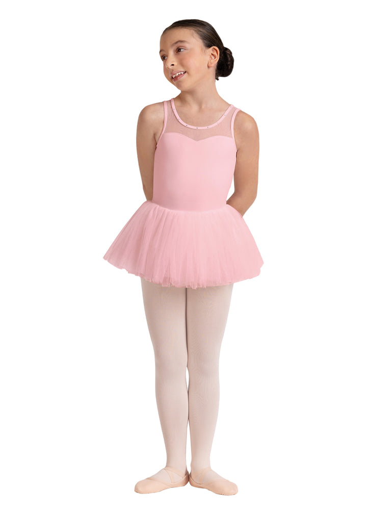 Bloch Maria youth tank dance dress in pink with rhinestoned mesh neckline and tulle skirt.