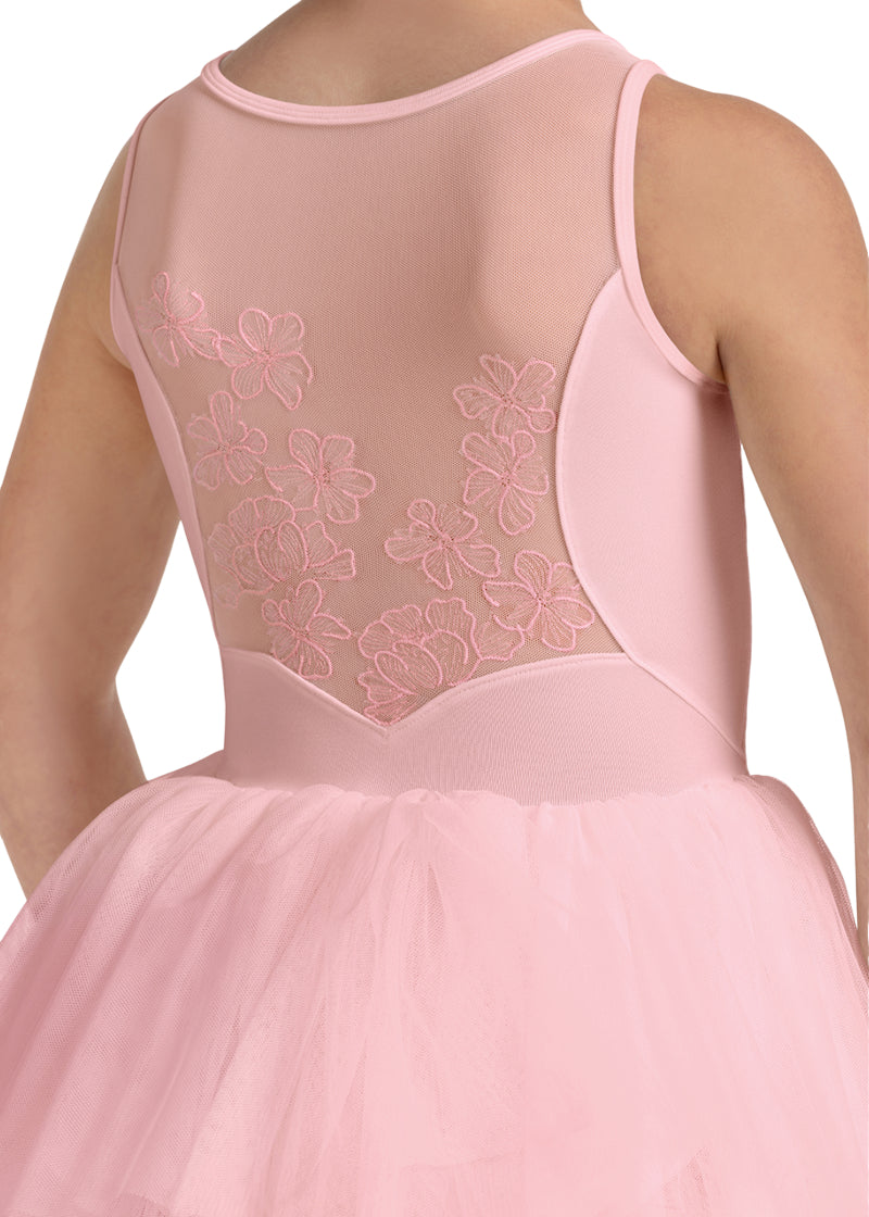 Close up of floral embroidered mesh back on Bloch Maria youth tank dance dress.