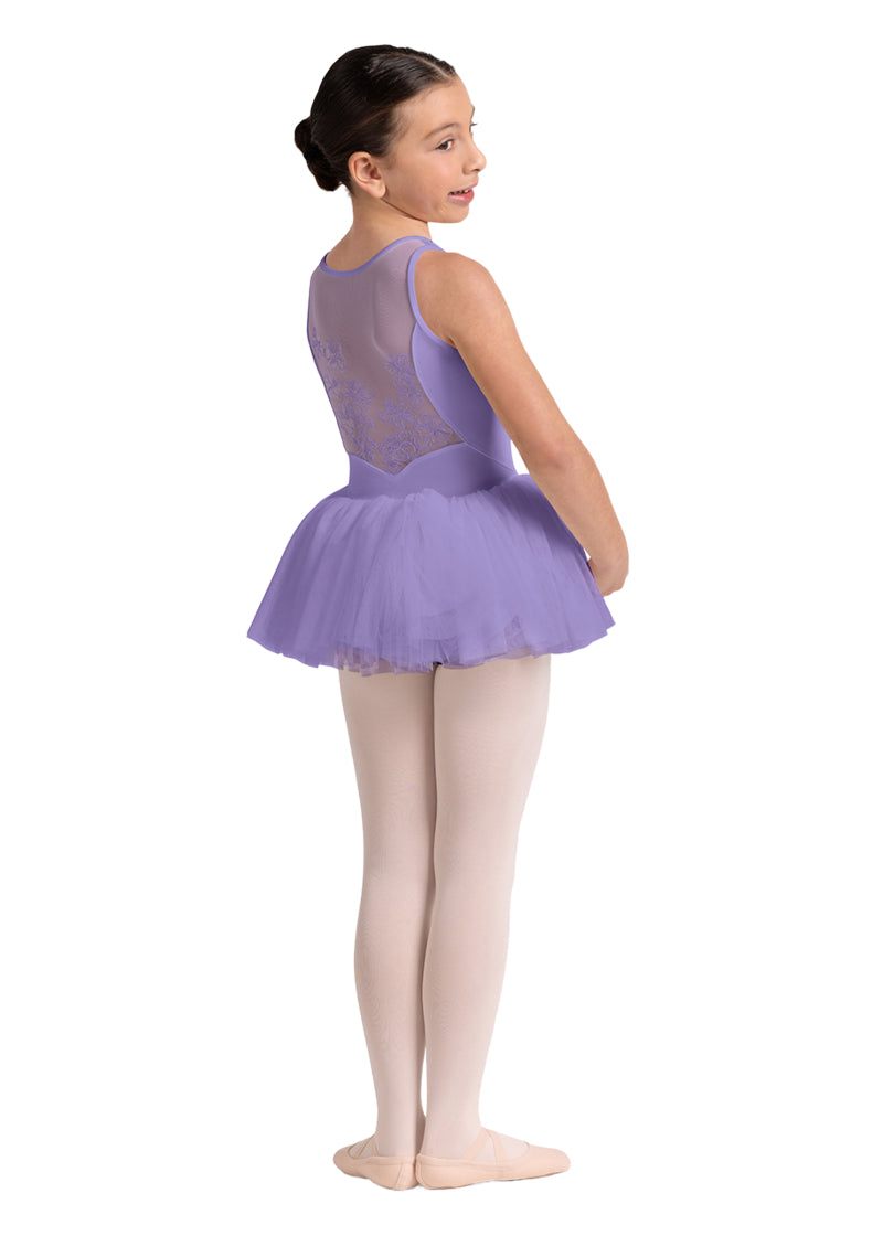 Bloch Maria youth tank dance dress in light purple with floral embroidered mesh back and tulle skirt.