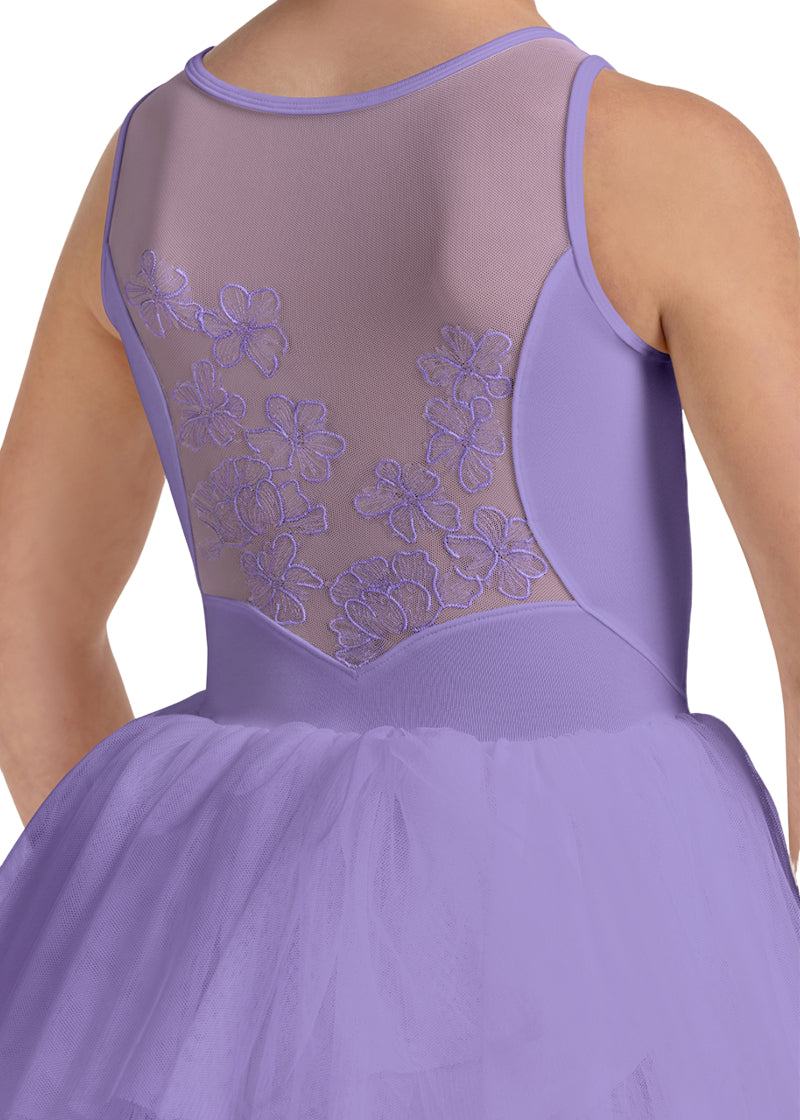 Close up of floral embroidered back on Bloch Maria youth tank dance dress.