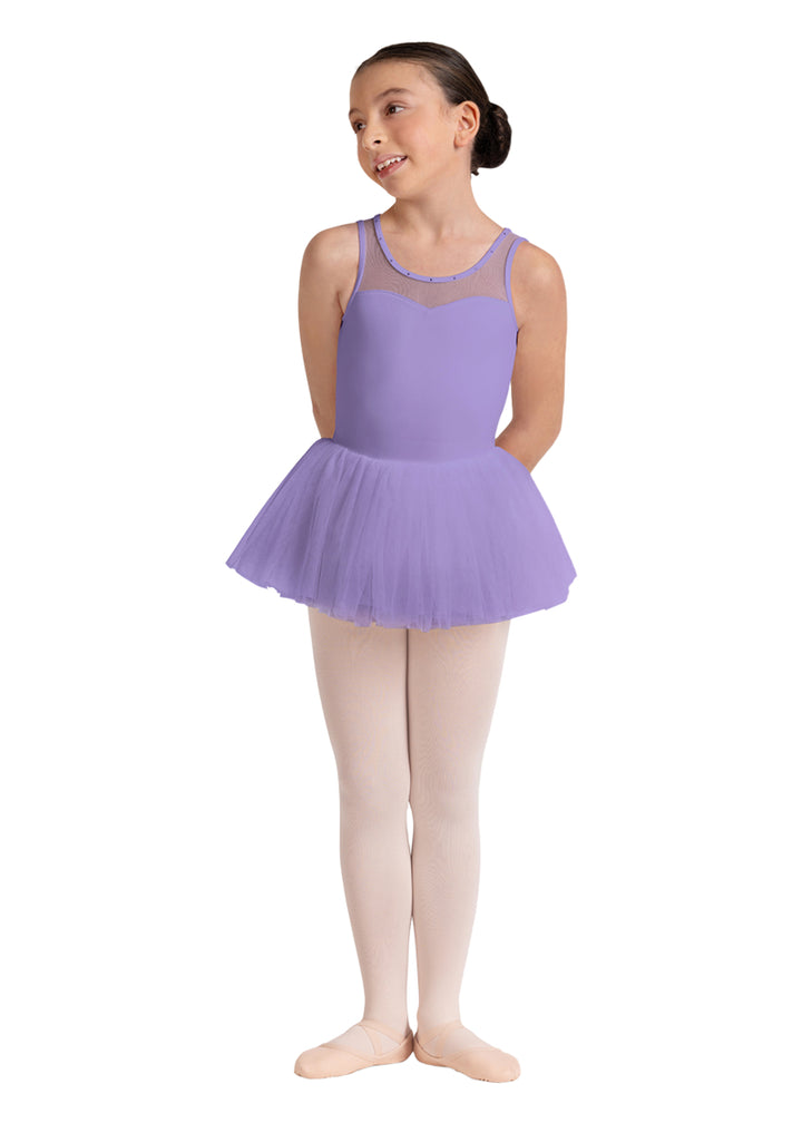 Bloch Maria youth tank dance dress in light purple with rhinestoned mesh sweetheart neckline and tulle skirt.