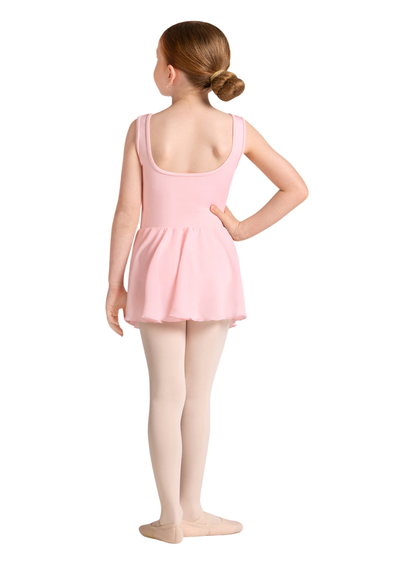 Bloch youth Helena dance dress in light pink with scoop back and soft attached skirt.