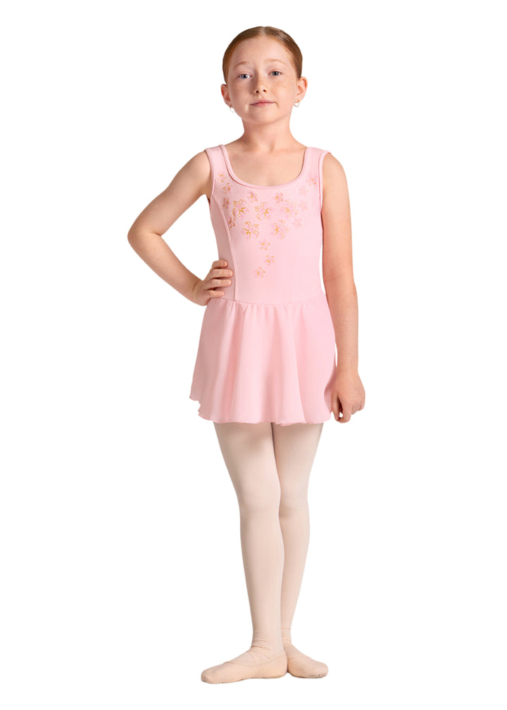 Bloch youth Helena dance dress in light pink with princess seams, scoop neckline, and metallic floral printed front.