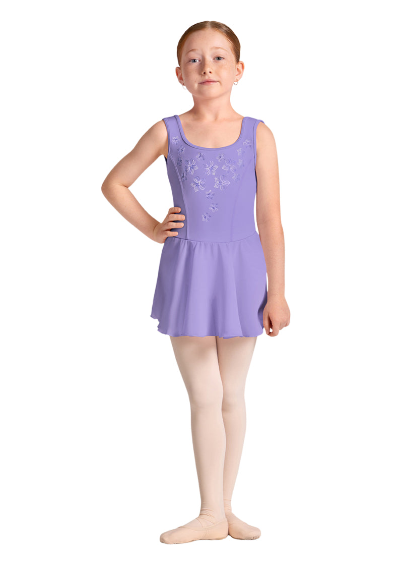 Bloch youth Helena tank dance dress in light purple with princess seams and embossed floral print.